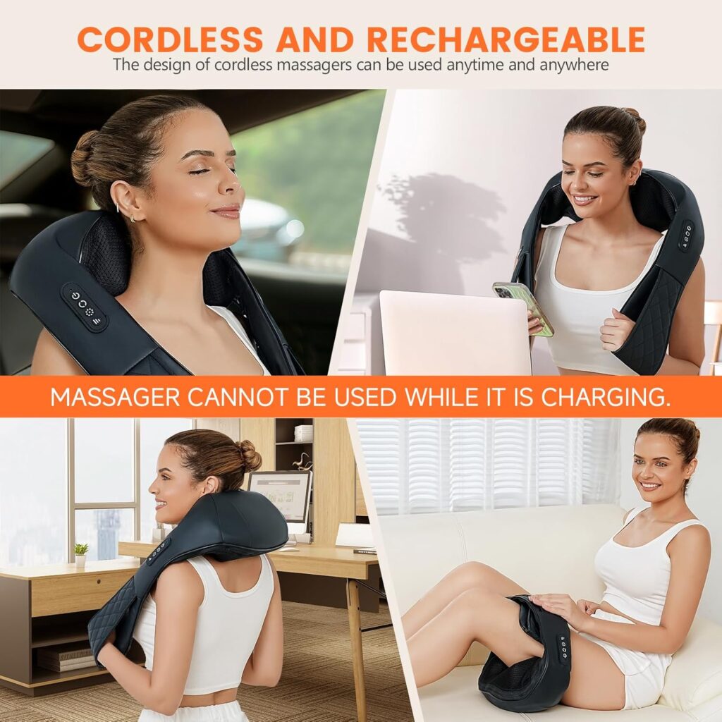 Rechargeable Neck Massager with Heat, Shiatsu Neck and Shoulder Massager, Cordless Portable Neck Massager, Kneading Massage Shawl, Back and Neck Pain Relief Massager, Deep Tissue Massager for Pain Relief, Gifts for Dad Mom Friends