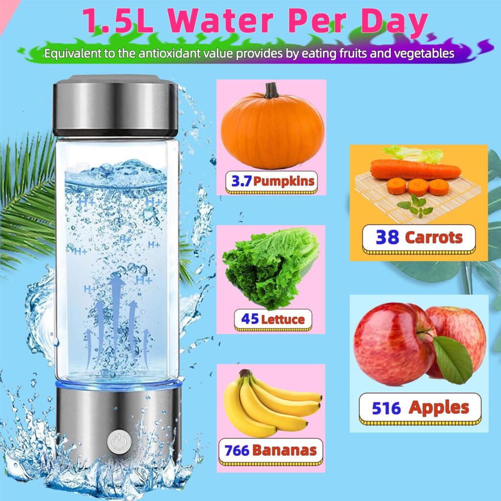 About this item 1.【Optimized Safety】 Revolutionary electrolysis technology for stable hydrogen-water combination, boasting high hydrogen concentration and superior stability. 2.【Rapid High-Efficiency】 Transform your water in just 3 minutes with our quick electrolysis process, higher mineral content means more effective electrolysis and increased hydrogen content. 3.【Travel-friendly Rechargeable Hydrogen Water Bottle】 Crafted with durable high borosilicate glass, conveniently USB chargeable, capable of producing high concentrations of hydrogen 4.【Power-Packed Performance】 The more mineral content in your water, the higher the hydrogen yield from our 3-minute micro-electrolysis production cycle 5.【Boost Your Active Lifestyle】 Achieve ultimate hydration with our Hydrogen water generator, combat oxidative stress, enhance metabolism, improve sleep, and promote skin health naturally. 6.【Durable & Safe】 The bottle is made of double-layer eco-friendly food-grade high borosilicate glass, engineered for enhanced durability and safety. 7.【Perfect Health-Conscious Gift】 Hydrogen-rich water aids in muscle recovery, decreases fatigue post workout - an excellent health-boosting gift for loved ones! 8.【What is hydrogen water】Hydrogen water – also called hydrogen-enriched water, hydrogen-infused water, or hydrogenated water – is just water infused with hydrogen gas. Hydrogen water, hydrogen-enriched water, or hydrogenated water, is regular water (H2O) that has been infused with hydrogen gas. This gas raises the concentration levels of molecular hydrogen in water for easy digestibility and immediate penetration in cells, which encourages overall health benefits. 9.【 Benefits of drinking hydrogen water 】Drinking hydrogen water every day can reduce oxidative stress in the body, thus delaying aging, strengthening the immune system, and boosting metabolism and nutrient absorption. Water is one of the most important foods for the human body, and adding hydrogen to water can enhance its antioxidant properties, which means that it helps improve the ability to increase energy, promotes muscle recovery after exercise, and also improves memory and sleep quality. 10.【Handy & Long-lasting】 – A resilient hydrogen water bottle made of high borosilicate glass and rechargeable via USB, providing you with a high concentration of hydrogen.WARM Tips: Not Suitable for Pure Water! Tighting the bottom of the cup before using to avoid leakage!!