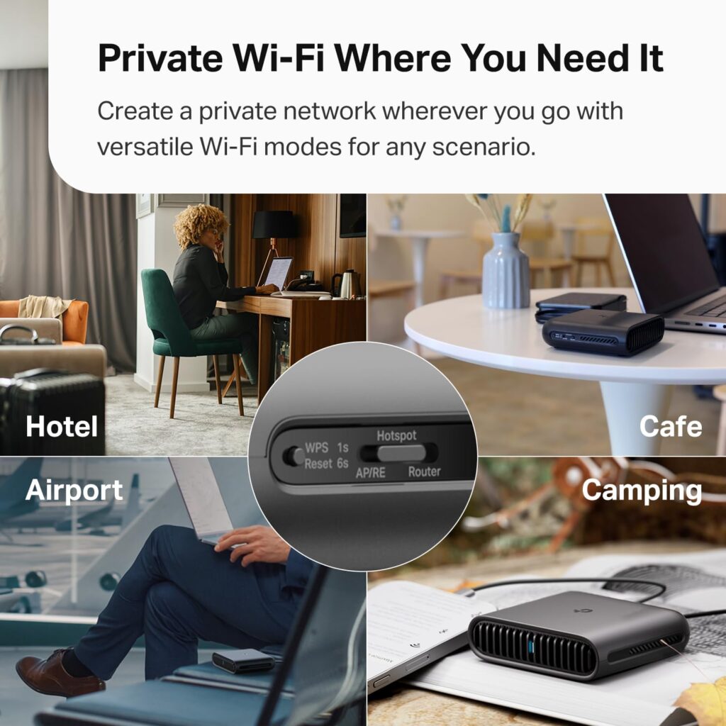 Compact TP-Link AX1500 Wi-Fi 6 travel router placed on a desk in a hotel room, with phone and laptop connected for high-speed secure internet.