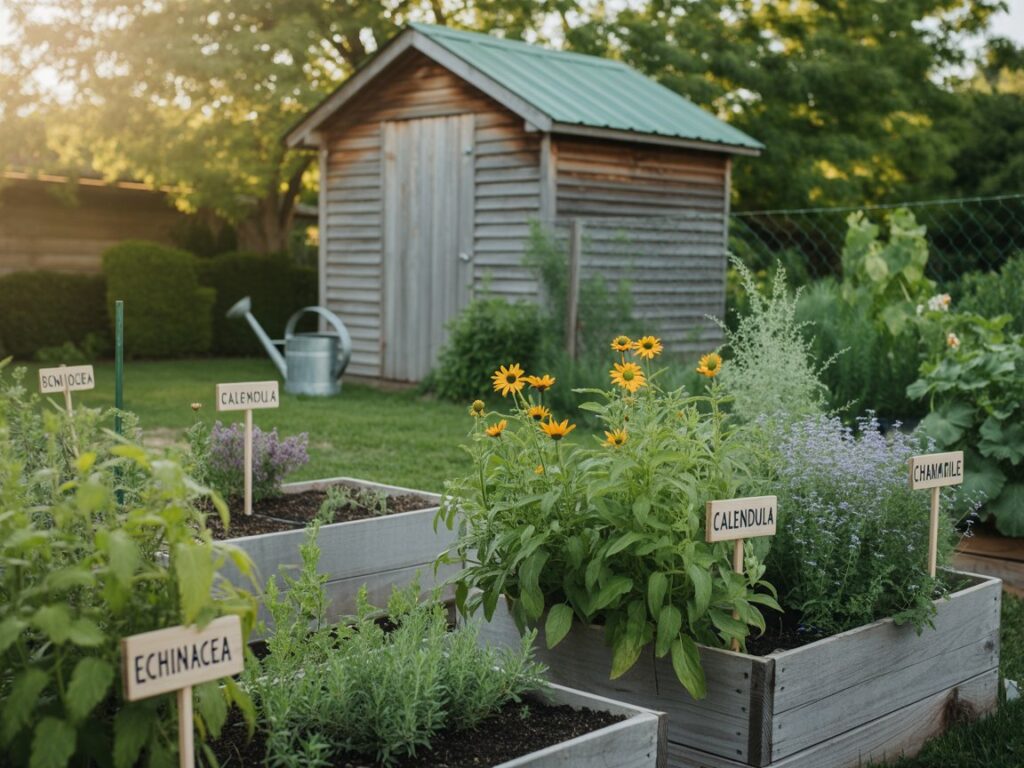 Backyard herbal garden with labeled medicinal plants like echinacea, mint, and calendula, ready for natural home remedies in a crisis-prepared setting.
